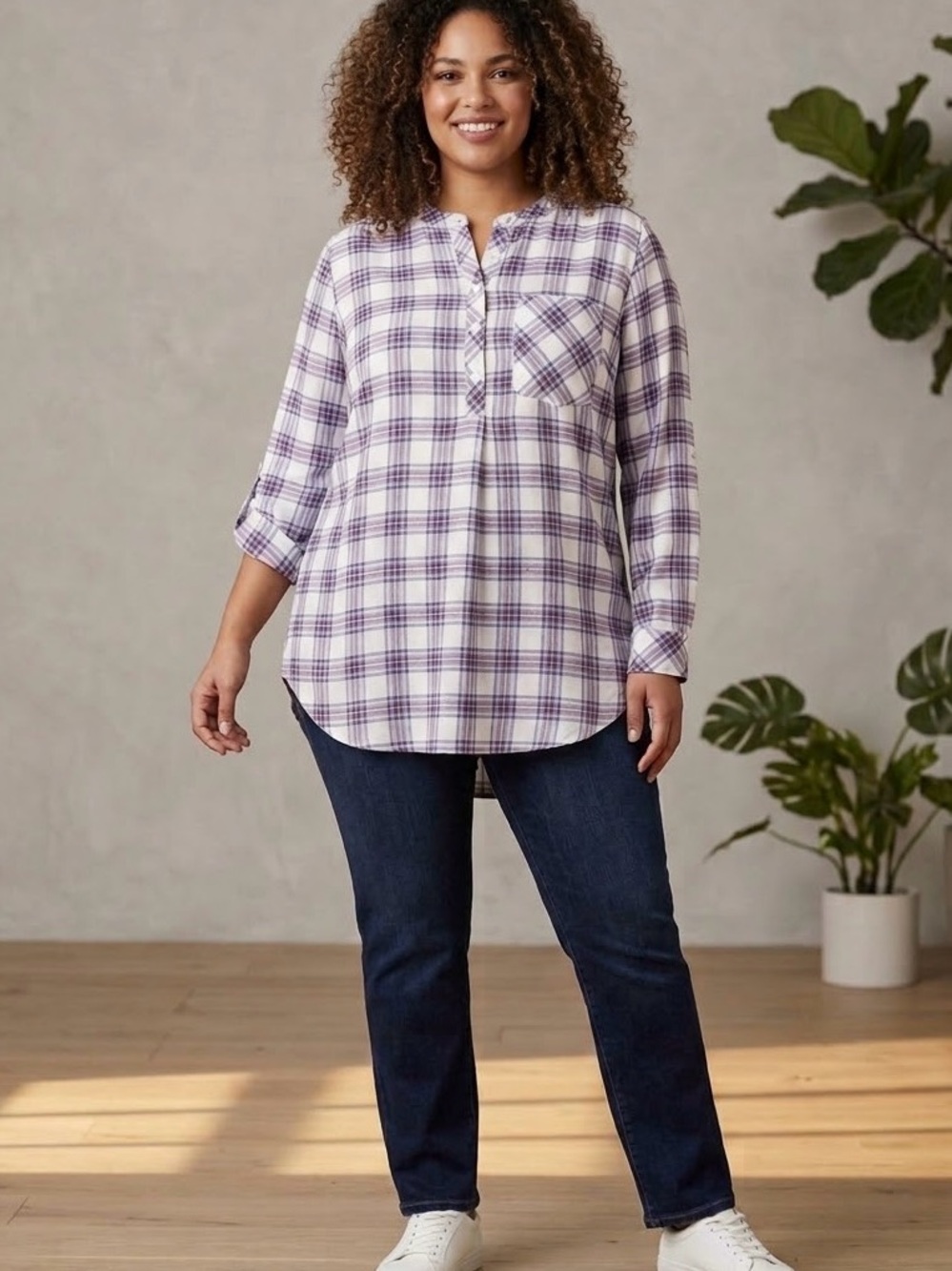 Nwt ID:23 Flannel Plaid Split-Neck Tunic Top in light blue & White size 2x soft